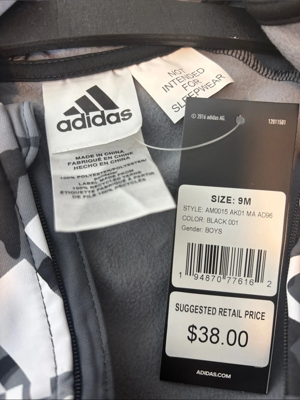adidas Gray & Black Camo Zip-Up One-Piece Bodysuit 9m. nwt